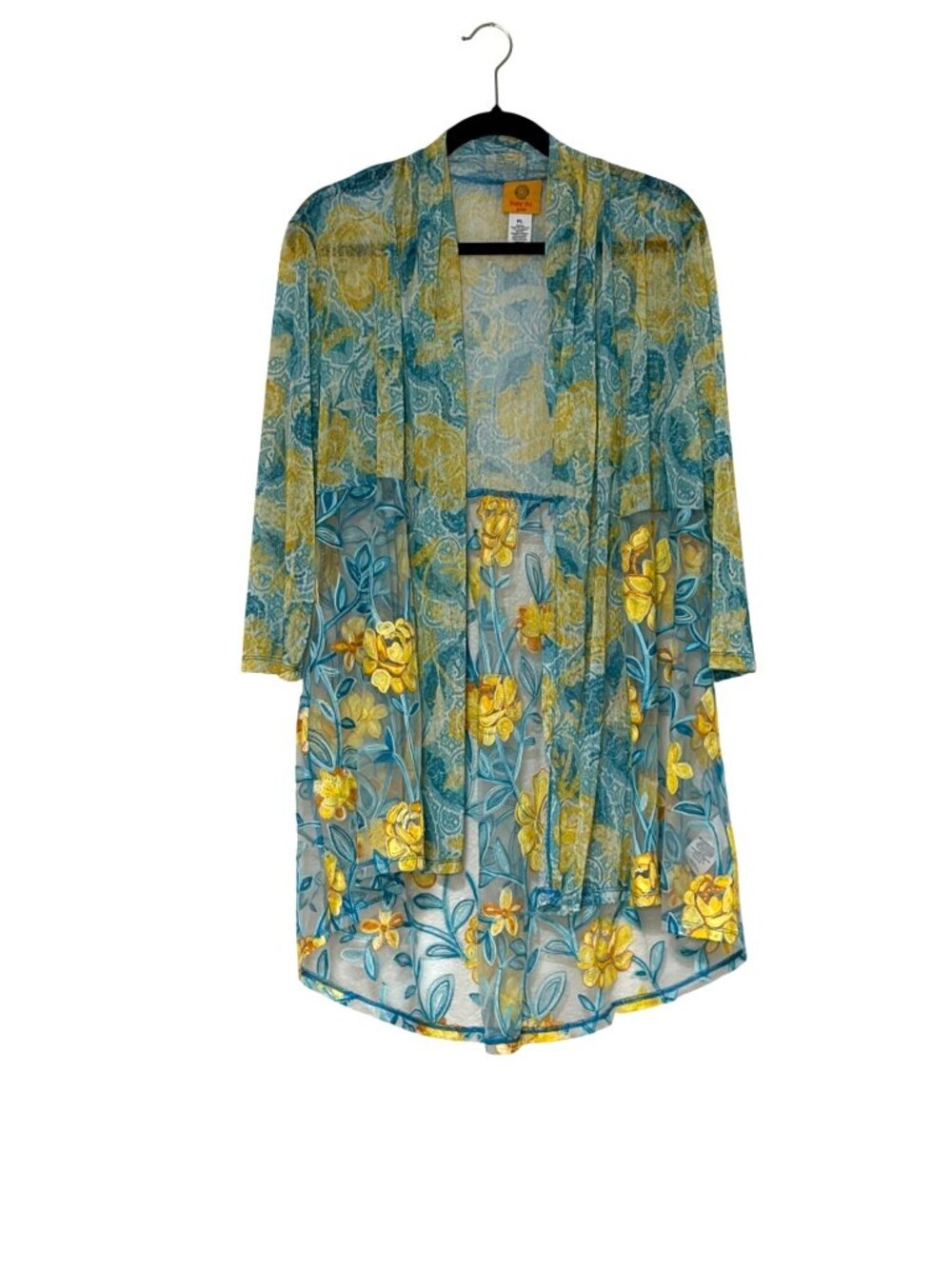 Ruby Rd Petite Large Open Front Cardigan Mesh Yellow Turquioise Floral Embroider